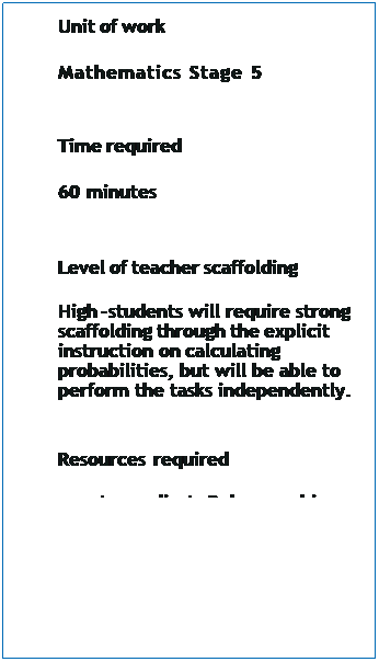 Text Box: &nbsp;
Topic
Gambling probability
&nbsp;
Unit of work
Mathematics Stage 5
&nbsp;
Time required
60 minutes
&nbsp;
Level of teacher scaffolding
High -students will require strong scaffolding through the explicit instruction on calculating probabilities, but will be able to perform the tasks independently.
&nbsp;
Resources required
�&nbsp;&nbsp;&nbsp;&nbsp;&nbsp;&nbsp;&nbsp;&nbsp;&nbsp;&nbsp;&nbsp;&nbsp; Appendix A: Poker machine simulation spreadsheet
�&nbsp;&nbsp;&nbsp;&nbsp;&nbsp;&nbsp;&nbsp;&nbsp;&nbsp;&nbsp;&nbsp;&nbsp; Calculators� one per student
�&nbsp;&nbsp;&nbsp;&nbsp;&nbsp;&nbsp;&nbsp;&nbsp;&nbsp;&nbsp;&nbsp;&nbsp; Device capable of displaying a spreadsheet to the whole class
�&nbsp;&nbsp;&nbsp;&nbsp;&nbsp;&nbsp;&nbsp;&nbsp;&nbsp;&nbsp;&nbsp;&nbsp; Individual devices capable of accessing a spreadsheet� one per student
&nbsp;
Keywords
Gambling, betting, sports, casino, money, wellbeing, gaming.
