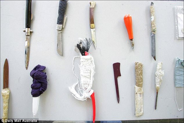 Jail made weapons, known as shivs, seized from cells in prisons including Goulburn Main, have been fashioned from brushes, pieces of metal or plastic and given tape of cloth handles for use in the prison yards to threaten, maim or kill