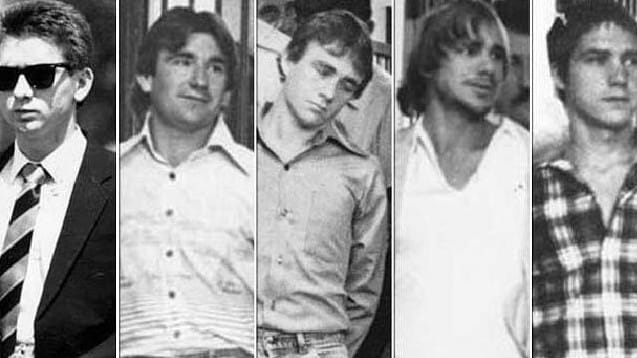 Five men who murdered Anita Cobby in 1986. From left: John Travers, Michael Murphy, Leslie Murphy, Gary Murphy and Michael Murdoch.