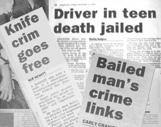 Three Herald Sun newspaper article headings read: 'Knife crim goes free', 'Driver in teen death jailed', and 'Bailed man's crime links'.
