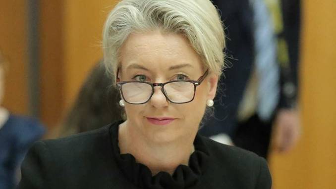 Bridget McKenzie, wearing glasses, sits at a table in a wood-panelled room with a folder open in front of her