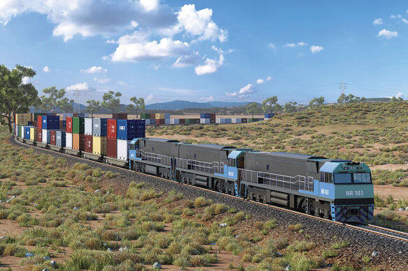 An artists impression of a double-stacked freight train on the Inland Rail between Melbourne and Brisbane. 