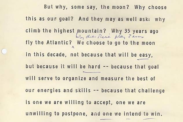 Typed speech notes from JFK's 1962 "we choose to go to the moon speech" delivered at Texas University in 1962